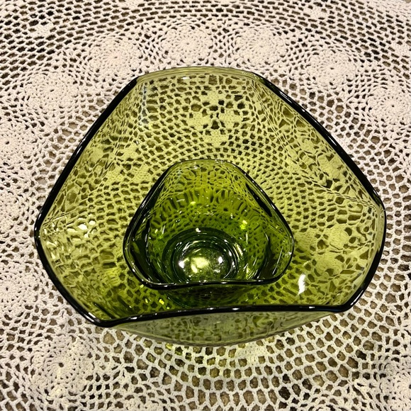 Indiana Glass Modern Tri Top Chip Dip Bowls Avocado Green Glass 1960s - Picture 6 of 8